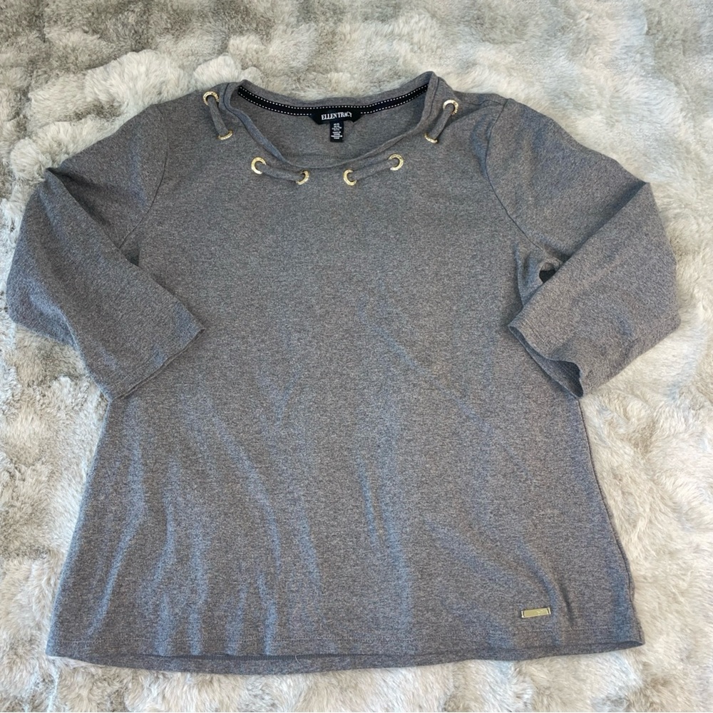 Ellen Tracy Gray Grommet Neck 3/4 Sleeve Knit Top XL Charcoal Heather Gold-0684